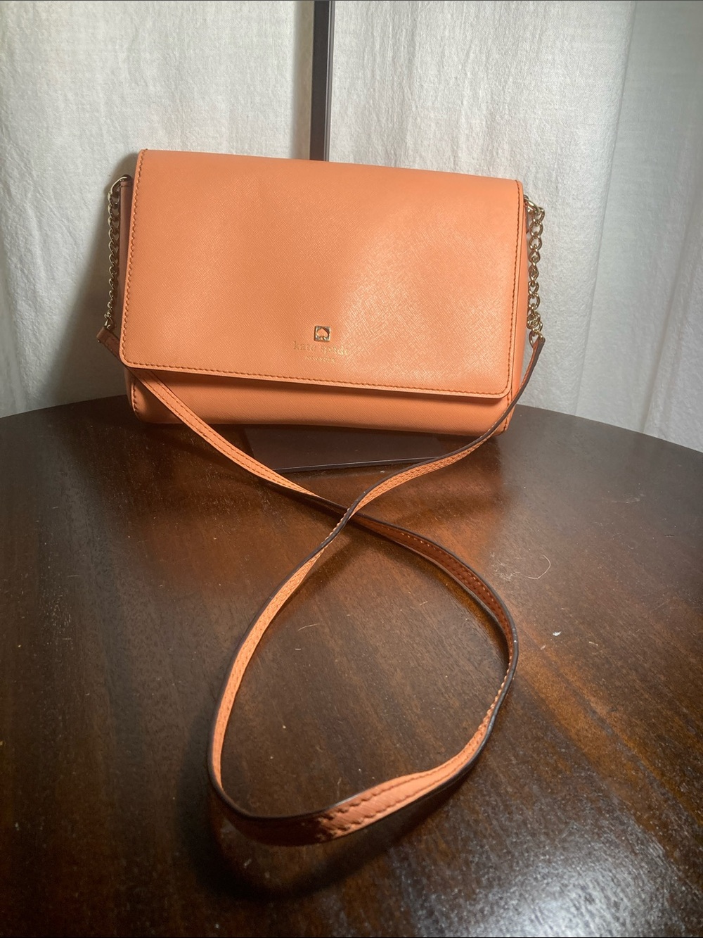 kate spade Peach-Orange Saphino  Leather Crossbody with Gold and leather Chain